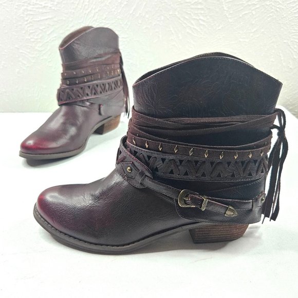 Not Rated Shoes - Not Rated Studded Harness Western Ankle Booties Size 9 Burgundy Cowgirl Boots